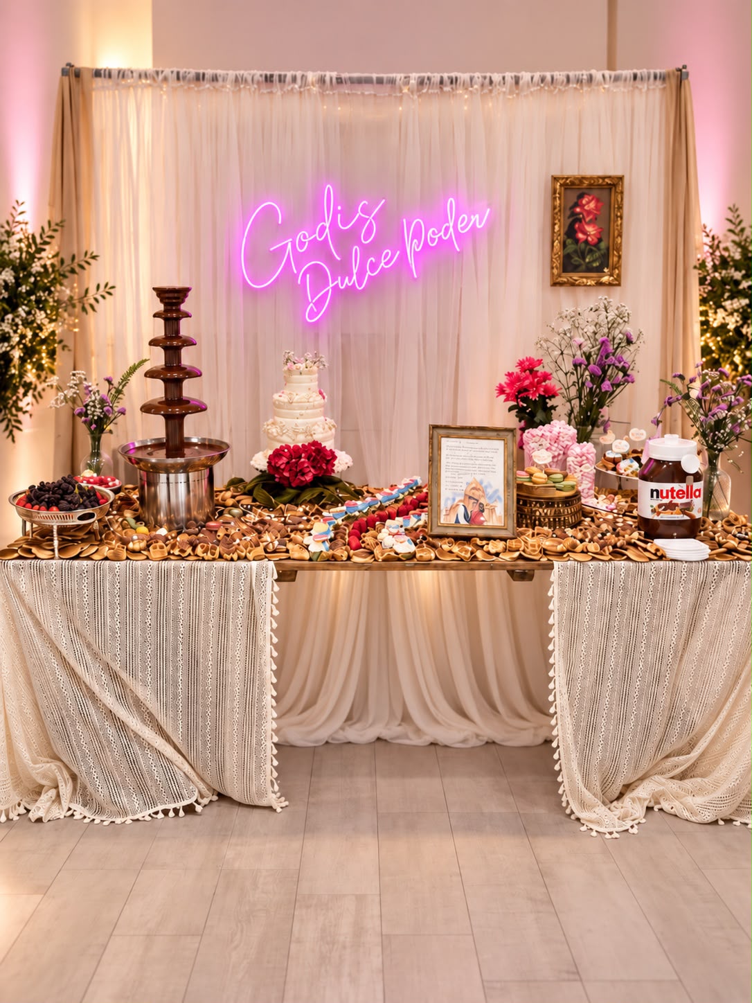Mesa dulce personalizada de GODIS Eventos con fuente de chocolate